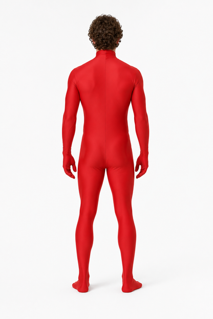 Red Zentai Suit with Open Face and Hood back view