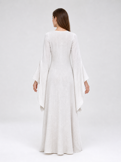 White Boho Maxi Dress with Belt and Flared Sleeves