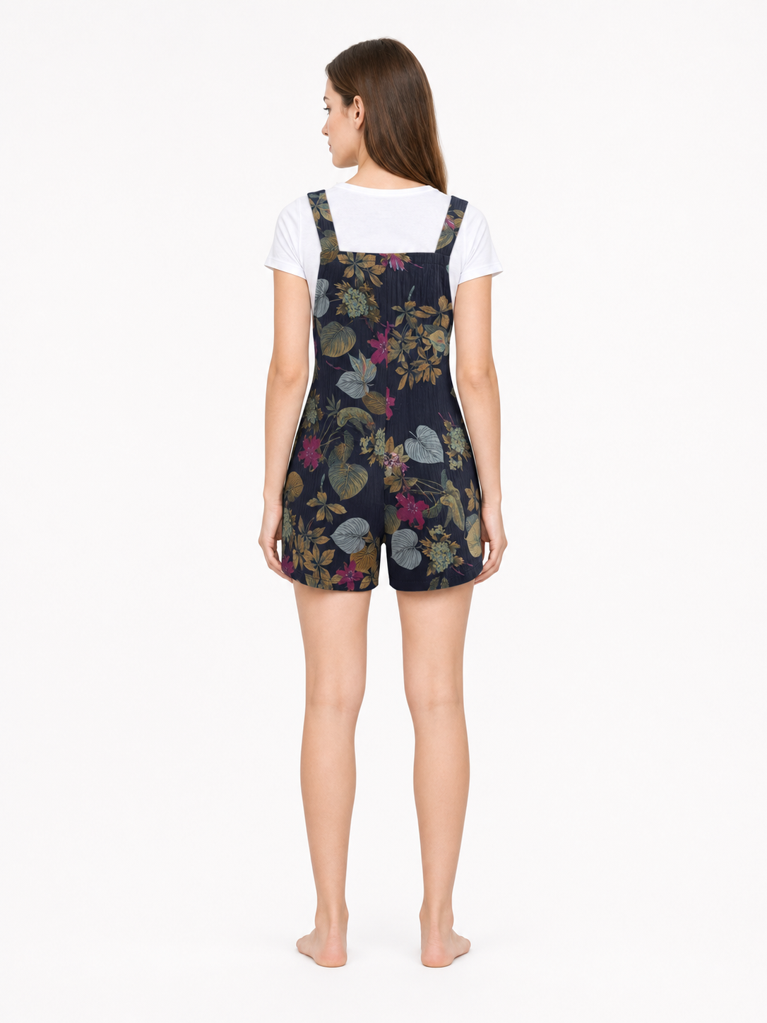 Dark Blue Overall Shorts with Yellow Floral Print back view 2