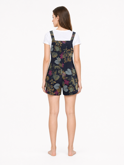 Dark Blue Overall Shorts with Yellow Floral Print back view 2