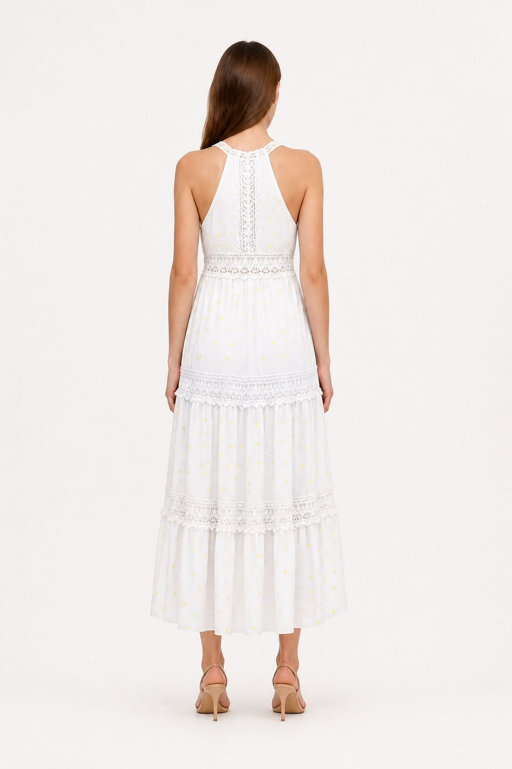 Long White Sleeveless Dress with Lace Trim back view