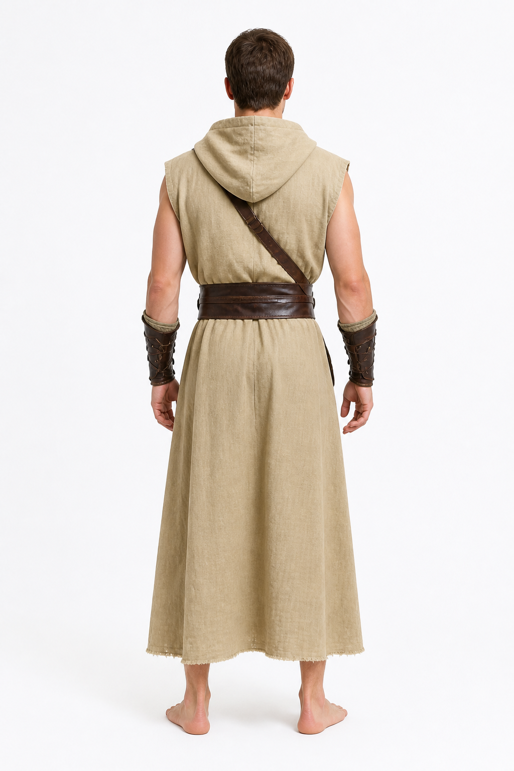 Khaki Sleeveless Medieval Hooded Cloak back view