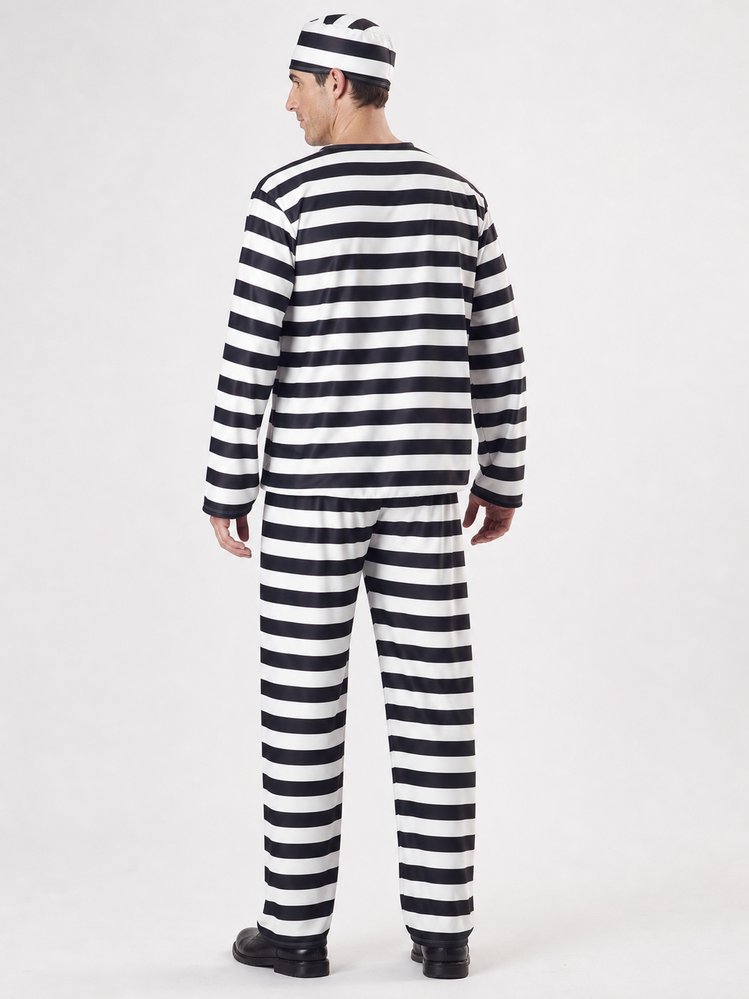 Striped prisoner costume with cap and handcuffs