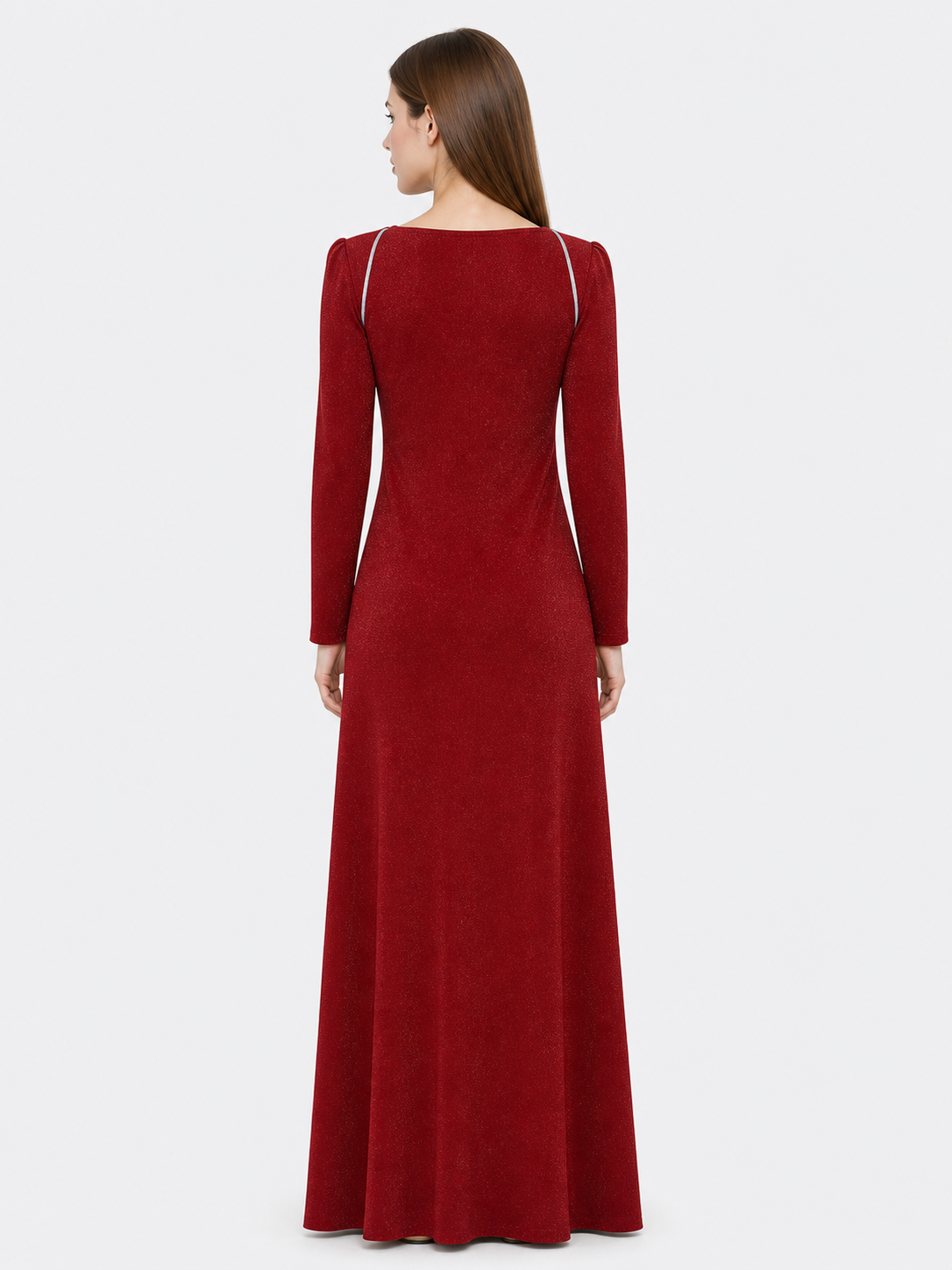 Shrek Costume: Red Long-Sleeve Maxi Dress back detail view 2