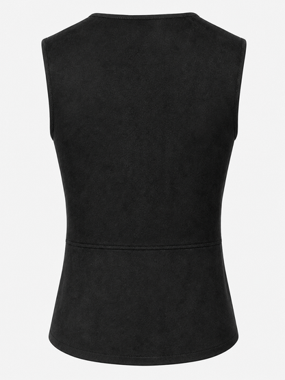 Black Long Lace-Up Vest with V-Neck