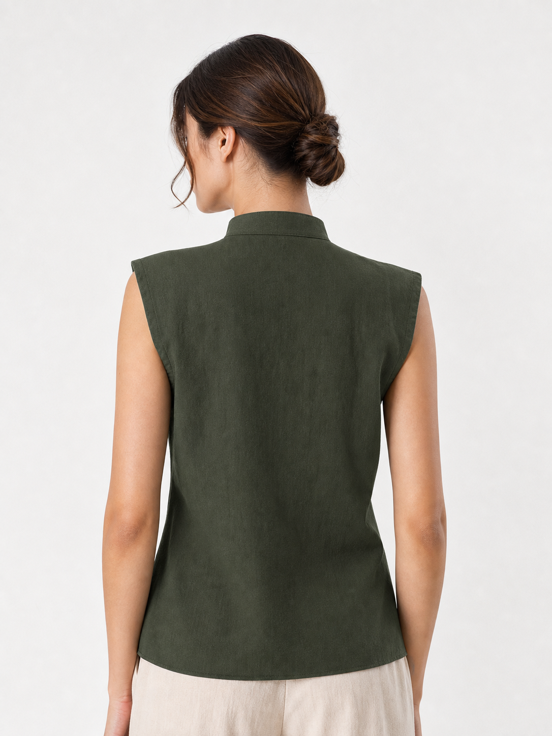 Lace-Up Vest with Stand Collar, Dark Green