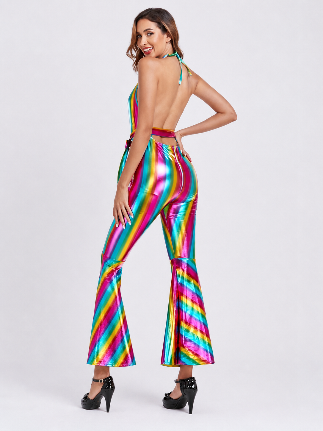 Retro Disco Jumpsuit with Rainbow Stripes