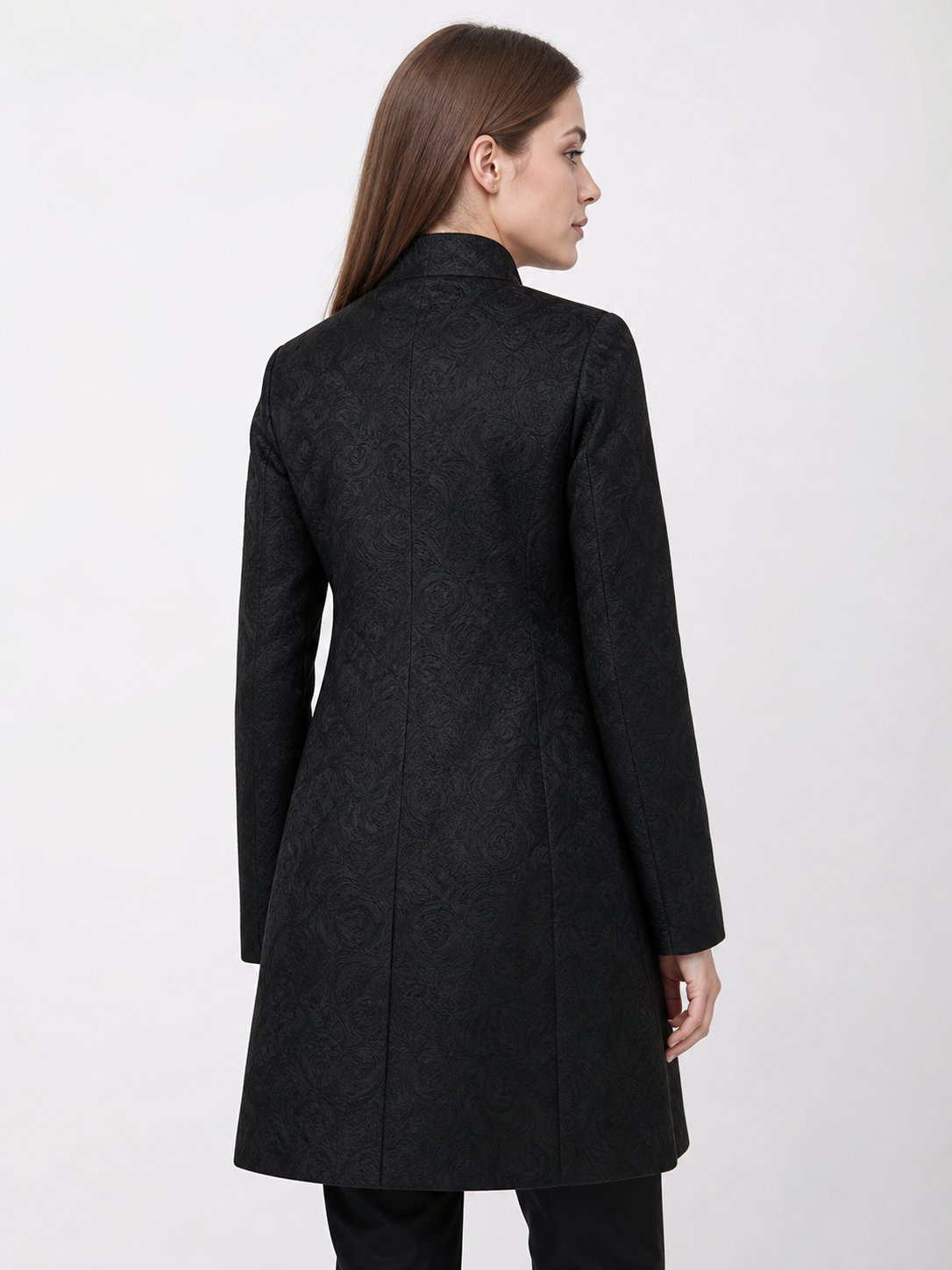 Long Black Jacquard Coat with Stand Collar
