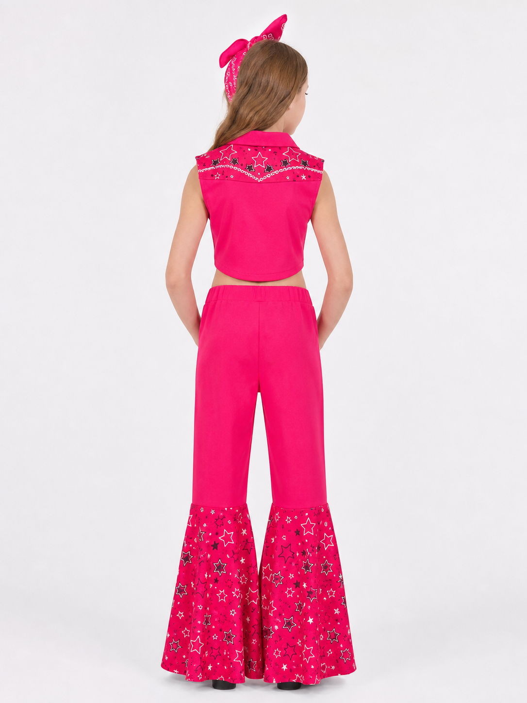 Barbie-style cosplay set consisting of two pieces: a cropped sleeveless top and flared-leg pants. The top resembles a vest with a front button closure, a decorative yoke, and a styled collar area. The pants have a high waist, front lacing, 