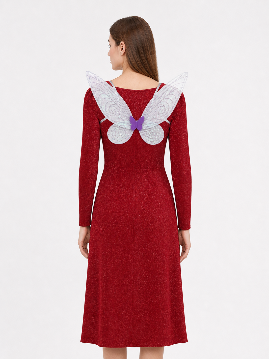 A fairy costume set inspired by a movie character, featuring a long red dress or skirt with a floor-length silhouette, long sleeves, and a straight hem with a front slit, plus accessories to complete the look: semi-transparent butterfly win