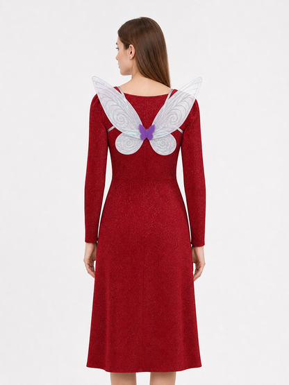 A fairy costume set inspired by a movie character, featuring a long red dress or skirt with a floor-length silhouette, long sleeves, and a straight hem with a front slit, plus accessories to complete the look: semi-transparent butterfly win