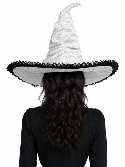 Light Gray White Halloween Witch Hat with Black Lace Trim, Tall Bent Pointed Crown and Wide Brim for Witch Cosplay Costume Party