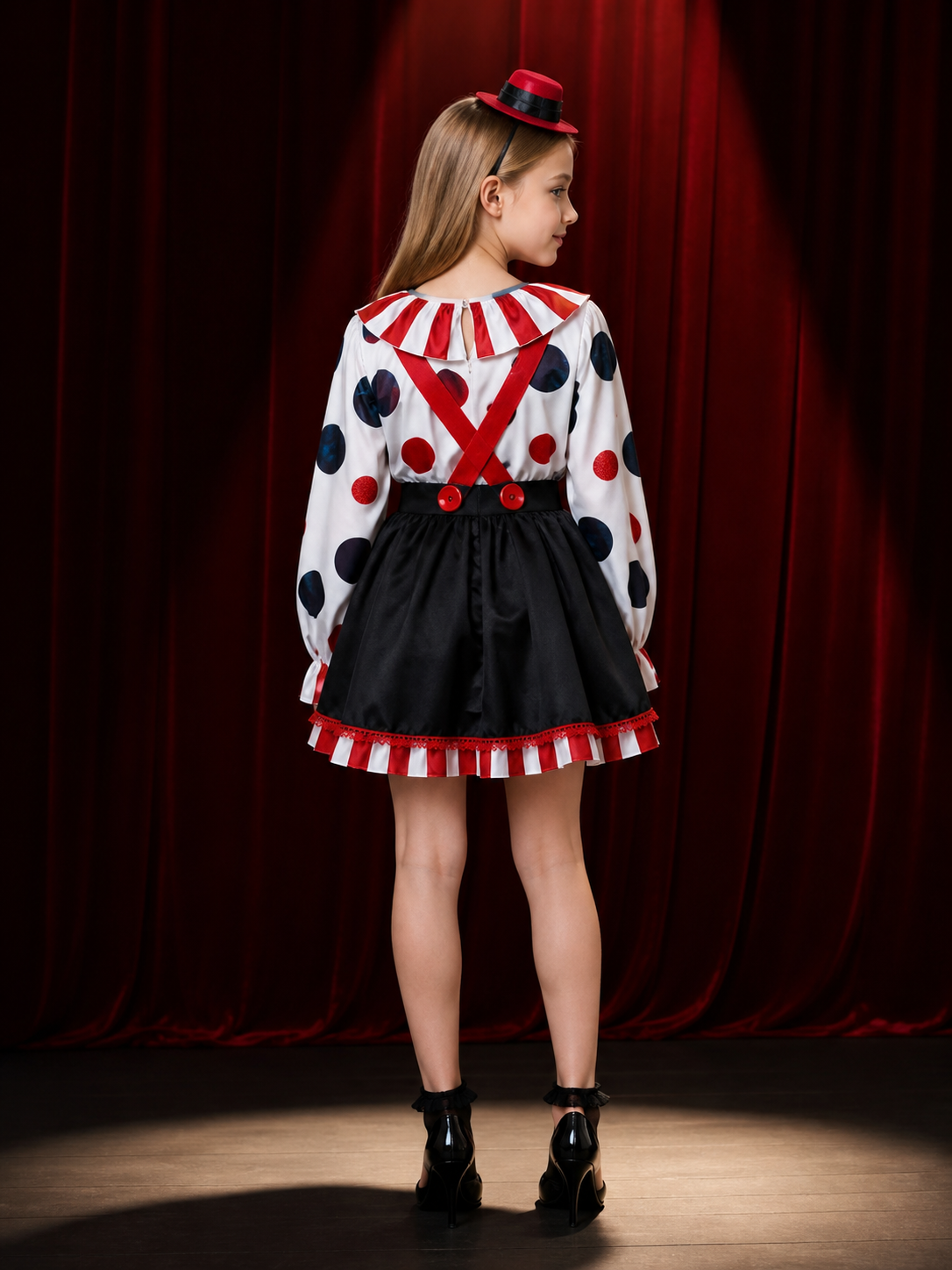 Clown Costume Set with Polka Dot Top, Striped Tutu, Hat & Suspenders back view