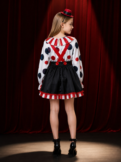 Clown Costume Set with Polka Dot Top, Striped Tutu, Hat & Suspenders back view