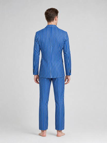 The Doctor Who cosplay double-breasted suit is designed in a white-and-blue color scheme with vertical stripes. The set includes a jacket and pants made in the same design. The jacket features a double-breasted closure, peaked lapels, and f