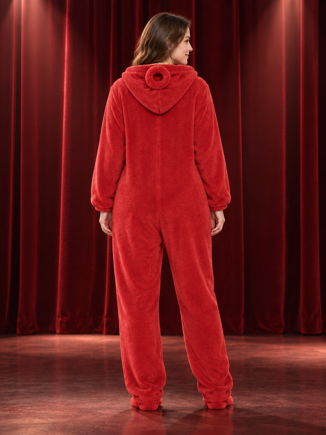 Red Flannel Hooded One-Piece Pajamas for Home back view