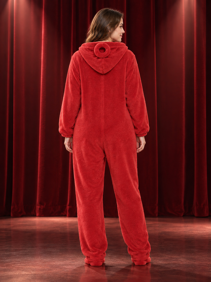 Red Flannel Hooded One-Piece Pajamas for Home back view