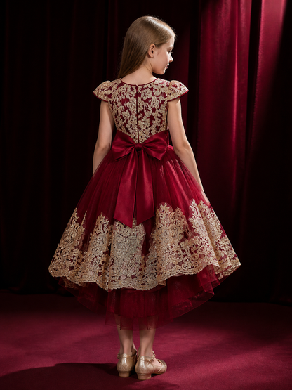 Girls' Maroon Princess Dress with Gold Lace Embroidery, Bow and High-Low Train back view