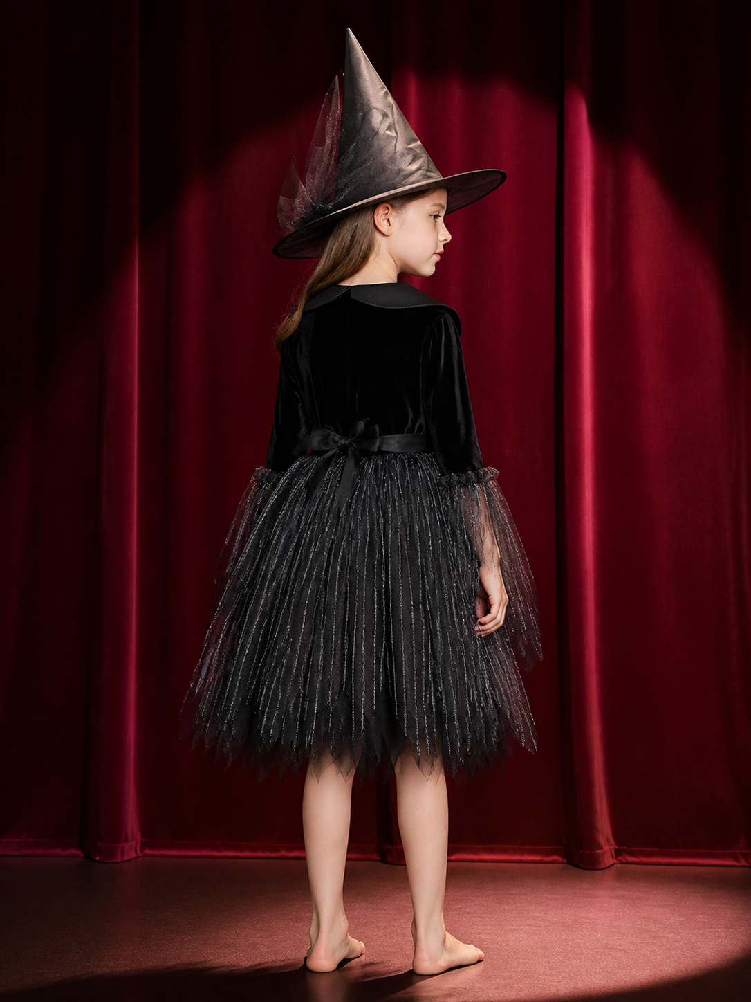 Women's Witch Costume Dress, Black Long Sleeve Layered Halloween Outfit back view