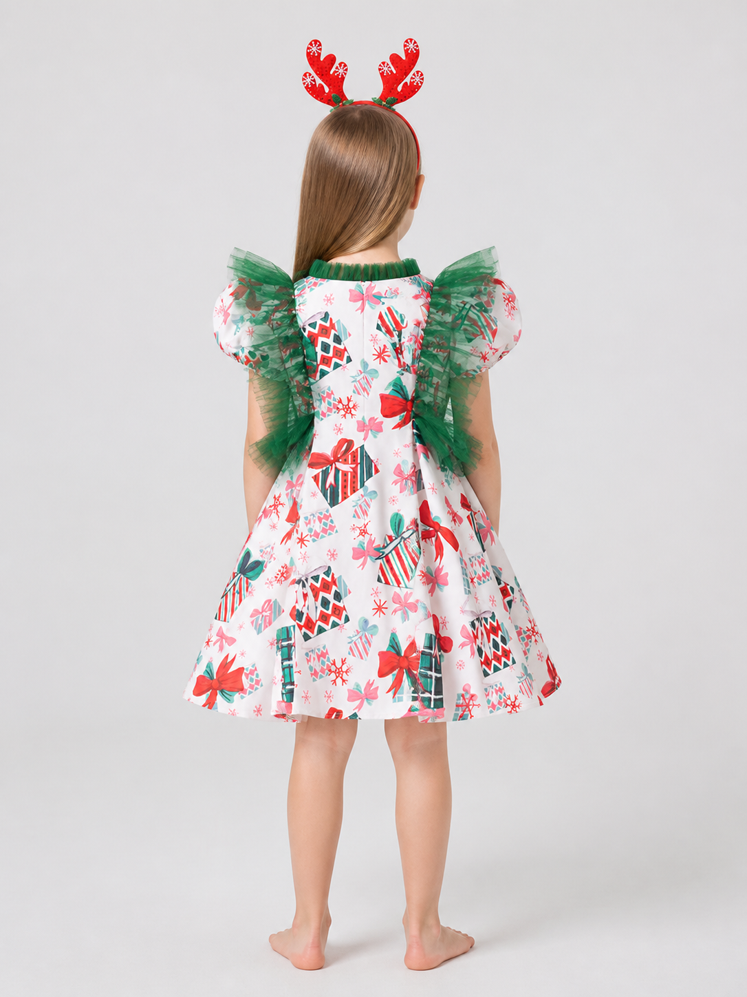 Children's Christmas Dress with Snowflakes and Headband back view