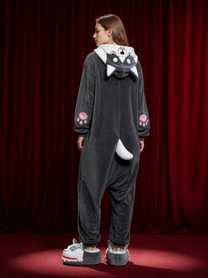 Husky Animal Hooded Jumpsuit Costume, Gray and White with Pink Paw Prints back view