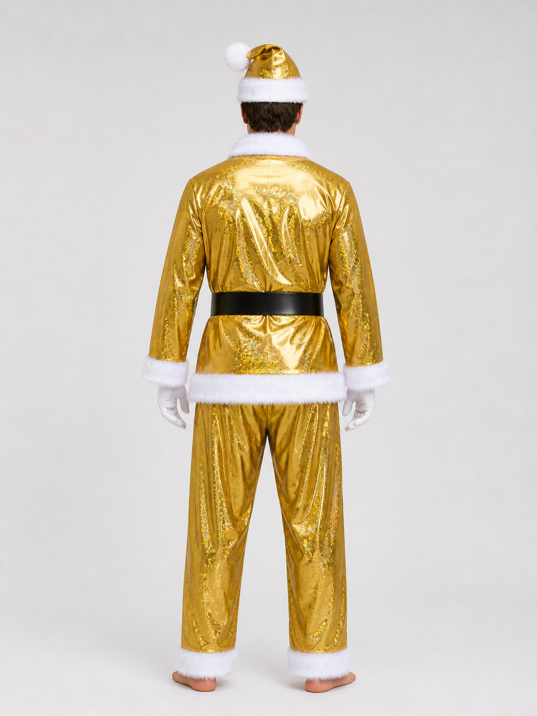 Gold Santa Claus Costume with Beard, Festive Set back view