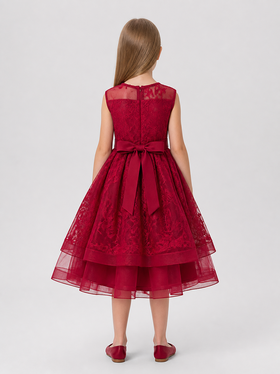 Dressy Dress with Lace, Bow, and Full Skirt back view