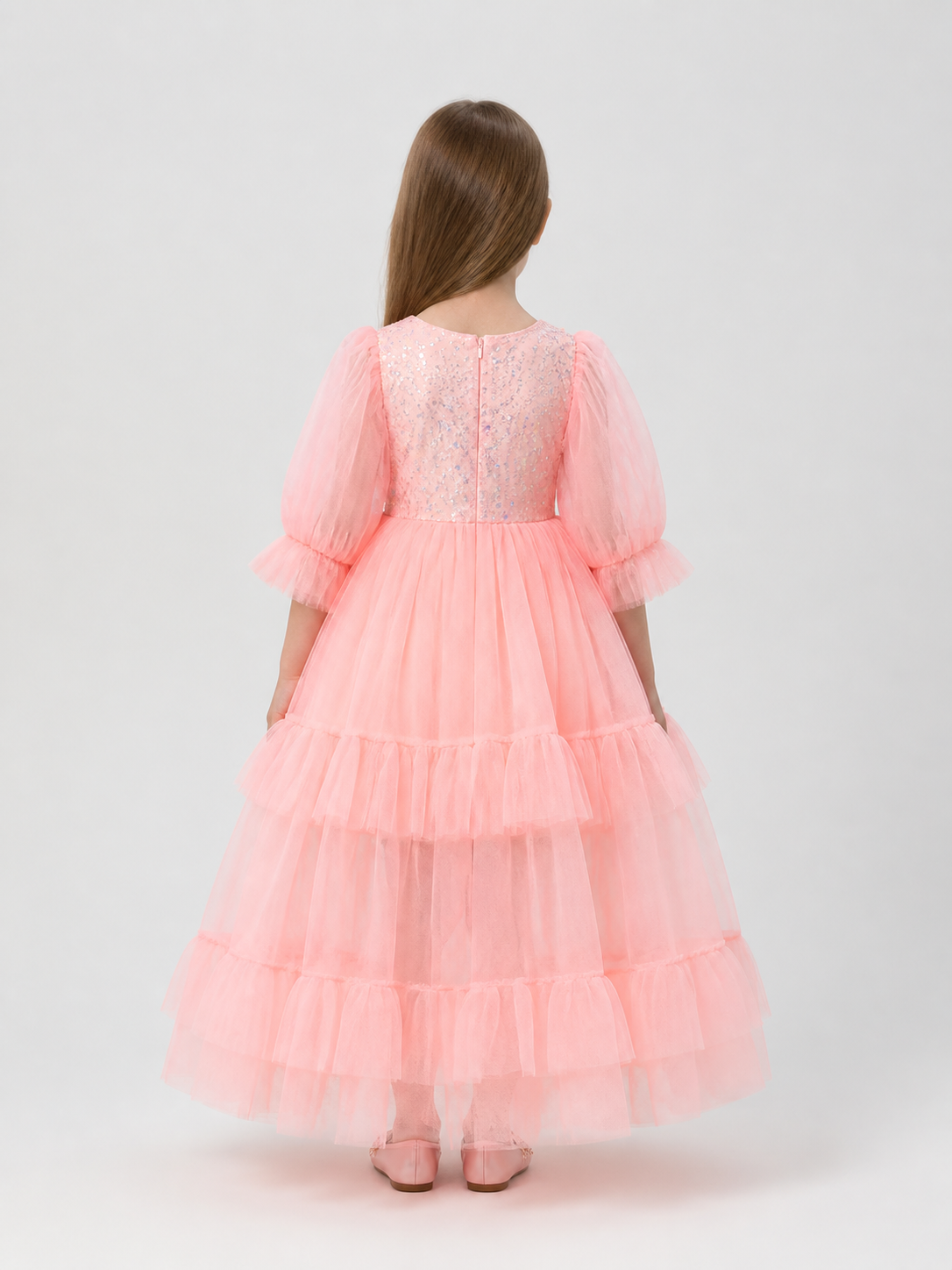 Pink Sequined Dress with a Full Skirt and Ruffles back view