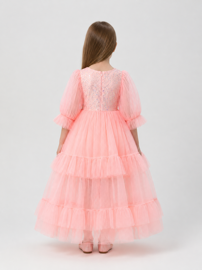 Pink Sequined Dress with a Full Skirt and Ruffles back view