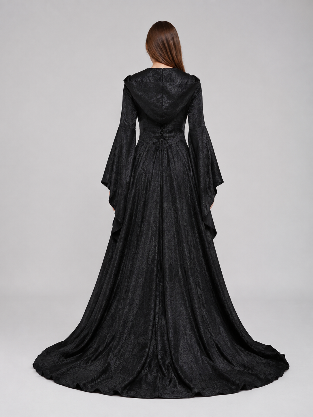Medieval Hooded Dress with Train back view