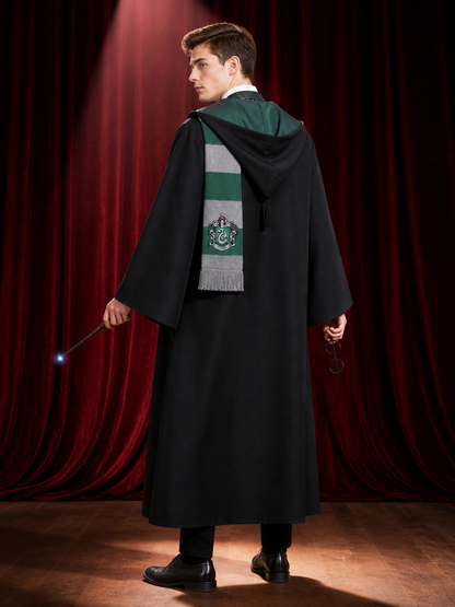 Slytherin Wizard Costume Set, Hooded Black Robe With Scarf, Tie, Glasses And back view