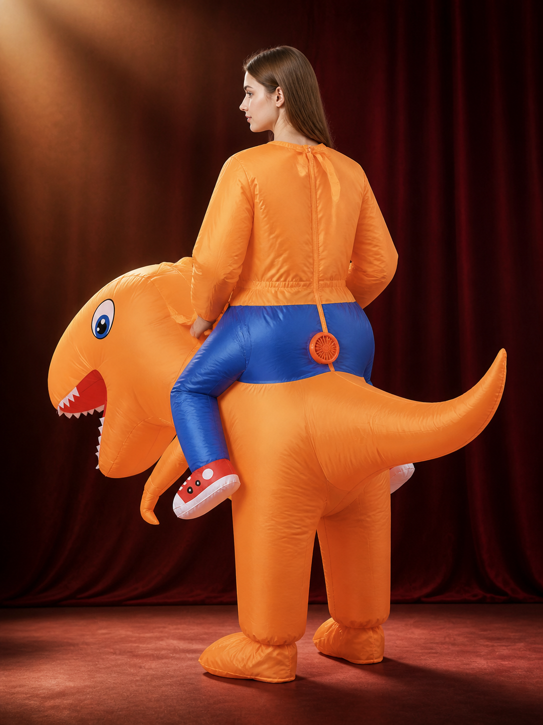 Ride-On Inflatable Dinosaur Costume, Orange Cartoon Halloween Outfit back view
