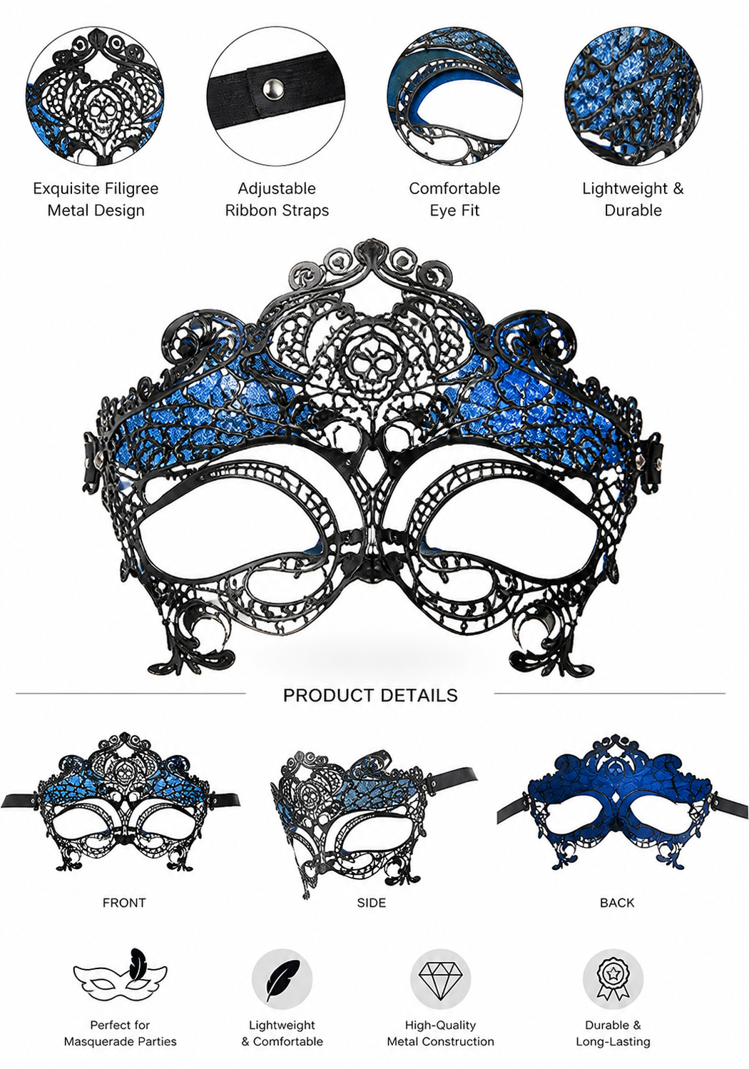 Carnival Headpiece with Blue-and-Black Feathers and Mask back view 2