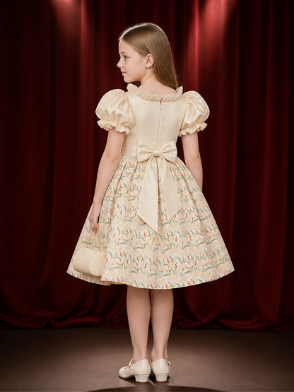 Girls' Floral Print Princess Dress With Puff Sleeves And Bow back view