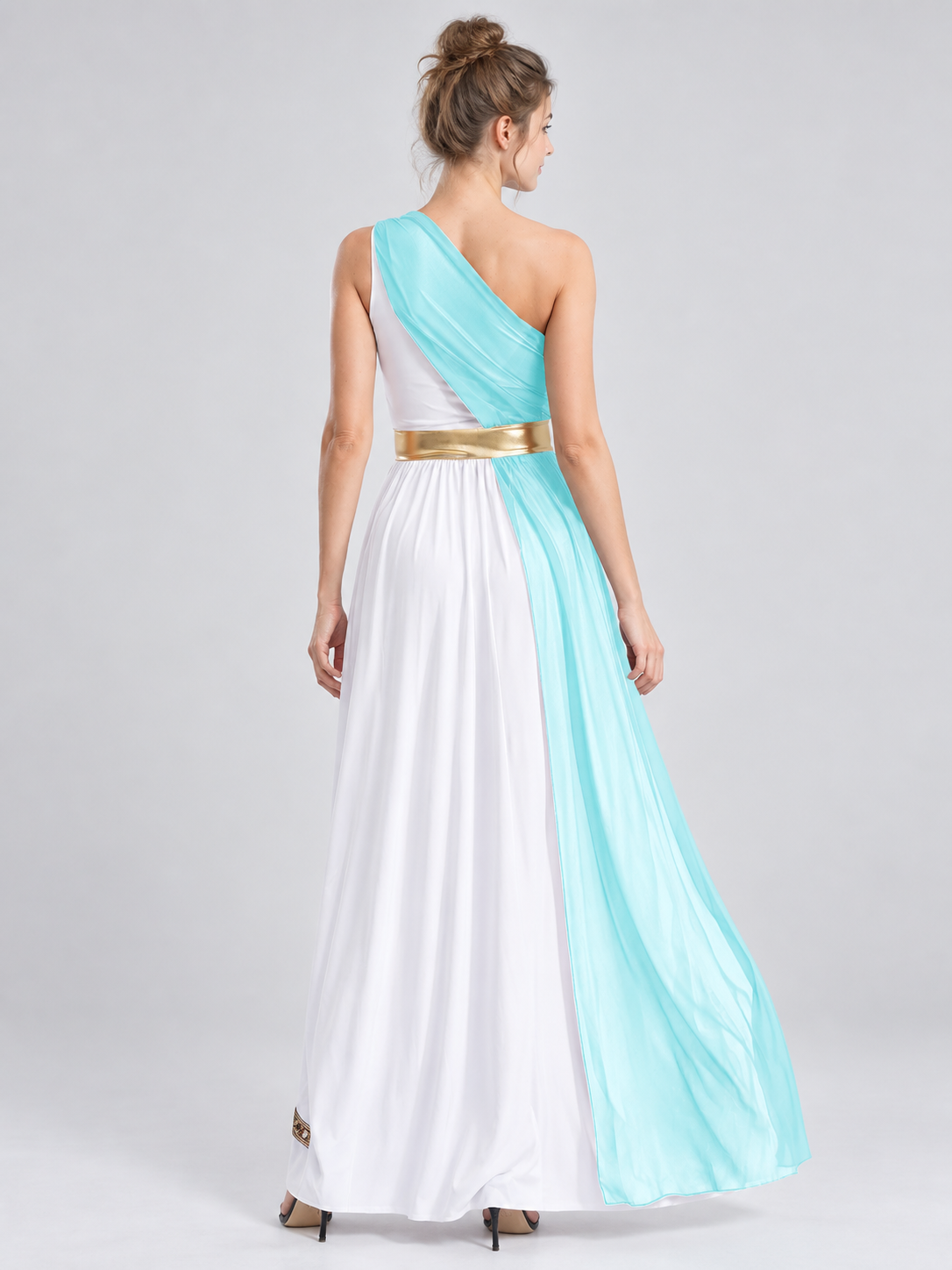 Floor-Length Dress with Turquoise Draping and Gold Belt