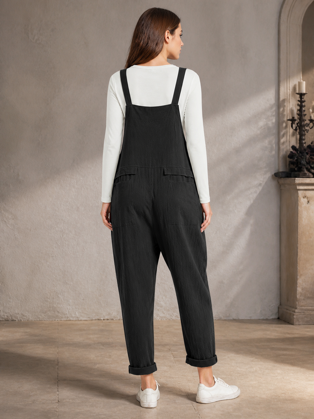 Black Bib Overalls, Loose Fit Long Pants with Chest and Side Pockets, Folded back view
