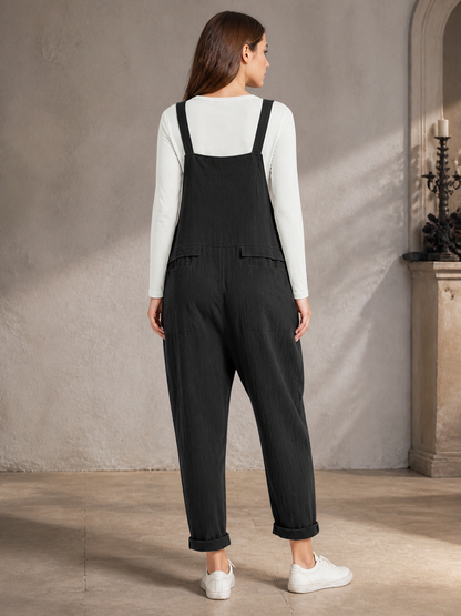 Black Bib Overalls, Loose Fit Long Pants with Chest and Side Pockets, Folded back view