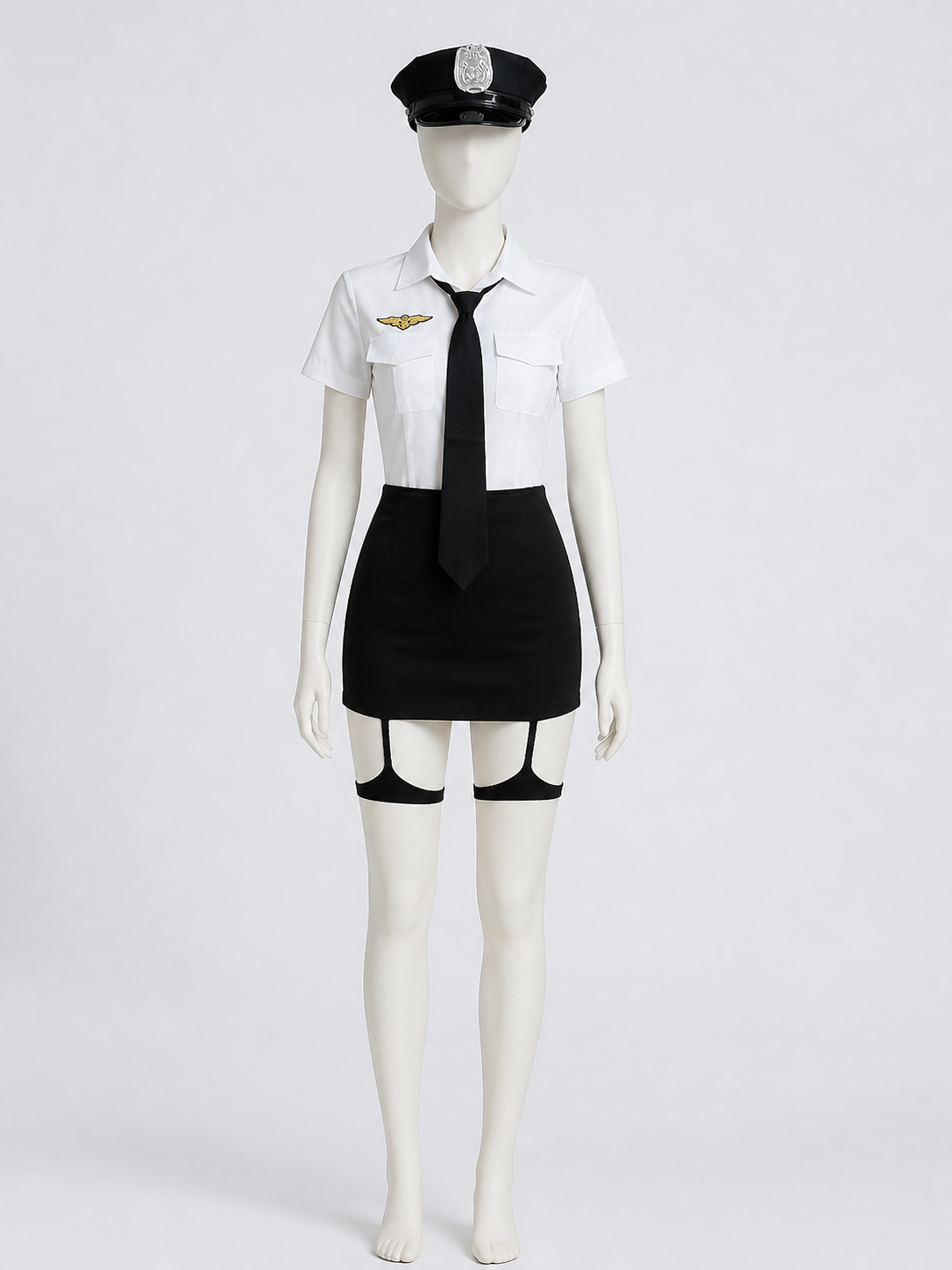 Women's Sexy Police Costume Set - White & Black Uniform with Hat and Gloves back view