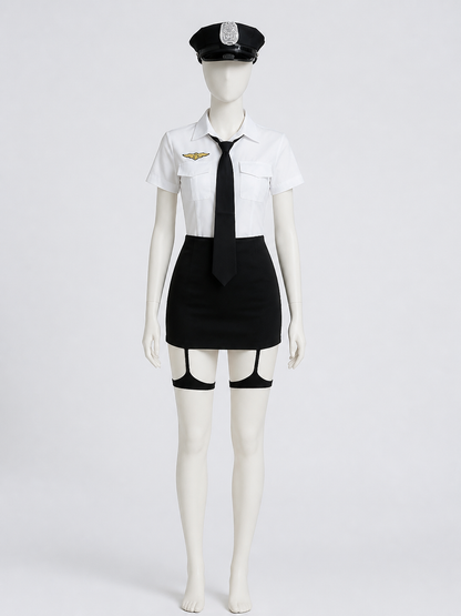 Women's Sexy Police Costume Set - White & Black Uniform with Hat and Gloves back view