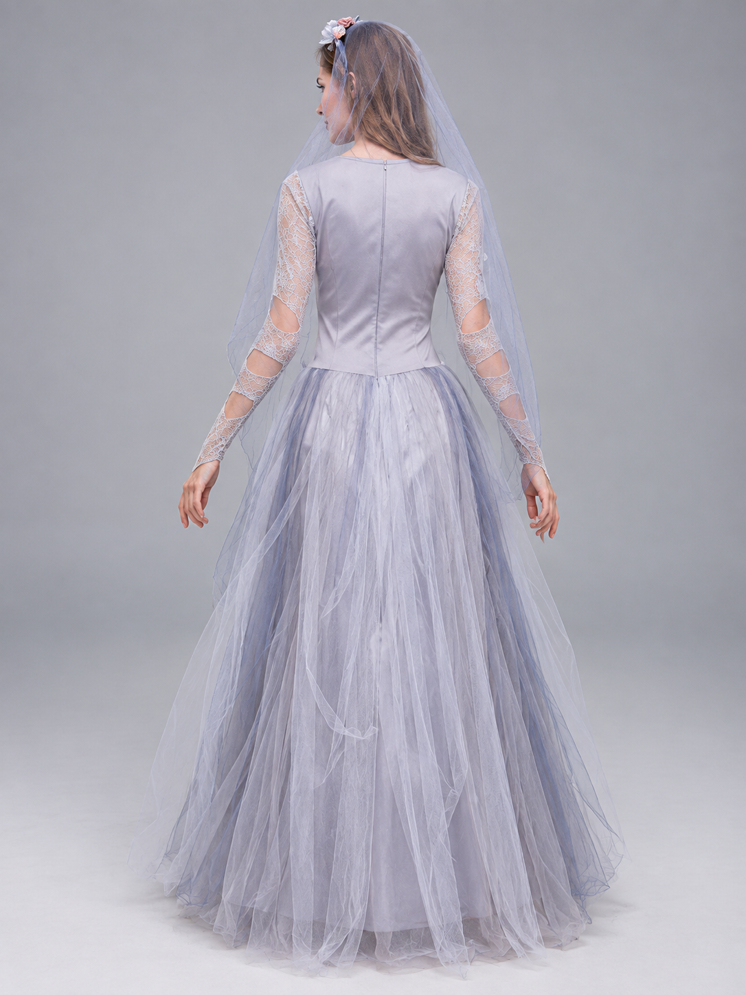 Carnival costume with dress, wreath, and veil, light gray