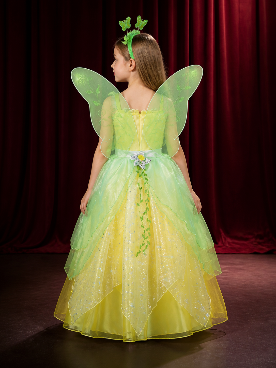 Girls Fairy Princess Costume Dress, Green Layered Tutu with Wings and Flower