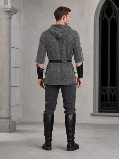 Medieval Warrior Cosplay Costume Set, 6-Piece Hooded Top, Pants, Boots, Arm Guards, Leg Guards And Sword For Role Play Performance
