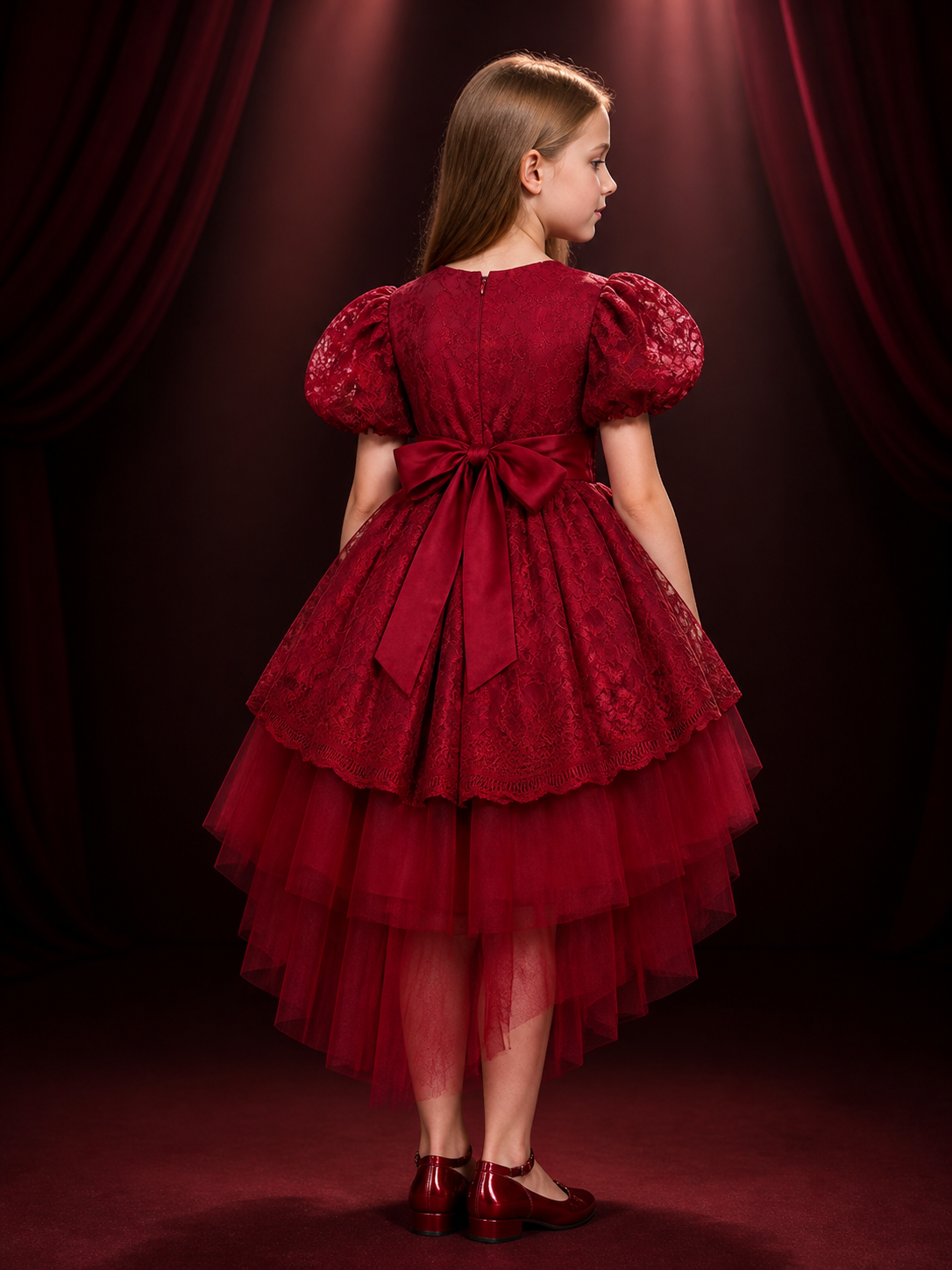 Toddler Girls' Burgundy Princess Dress With Puff Sleeves And Layered Tulle Skirt back view