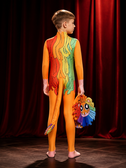 Yarnaby Cosplay Bodysuit Costume, Multi-Color Mane Print with Mask and Tail back view
