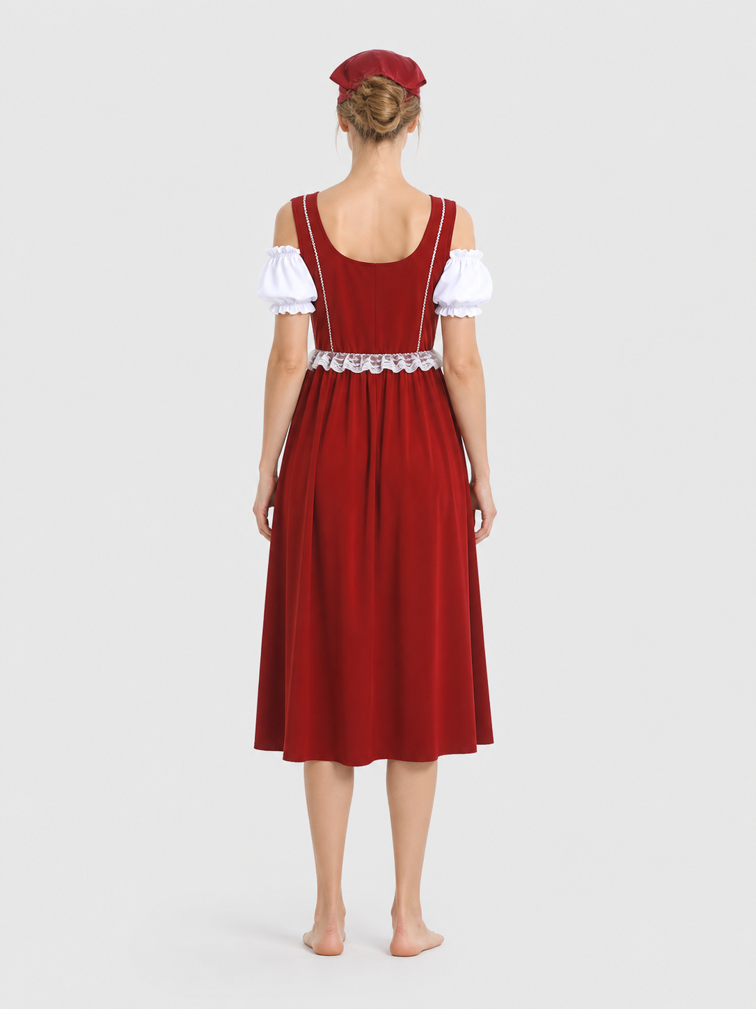 Burgundy Historical Role-Play Dress with Puff Sleeves back view