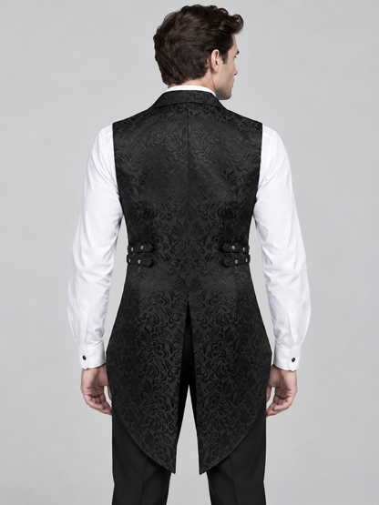 Black Double-Breasted Jacquard Pattern Vest with Tails