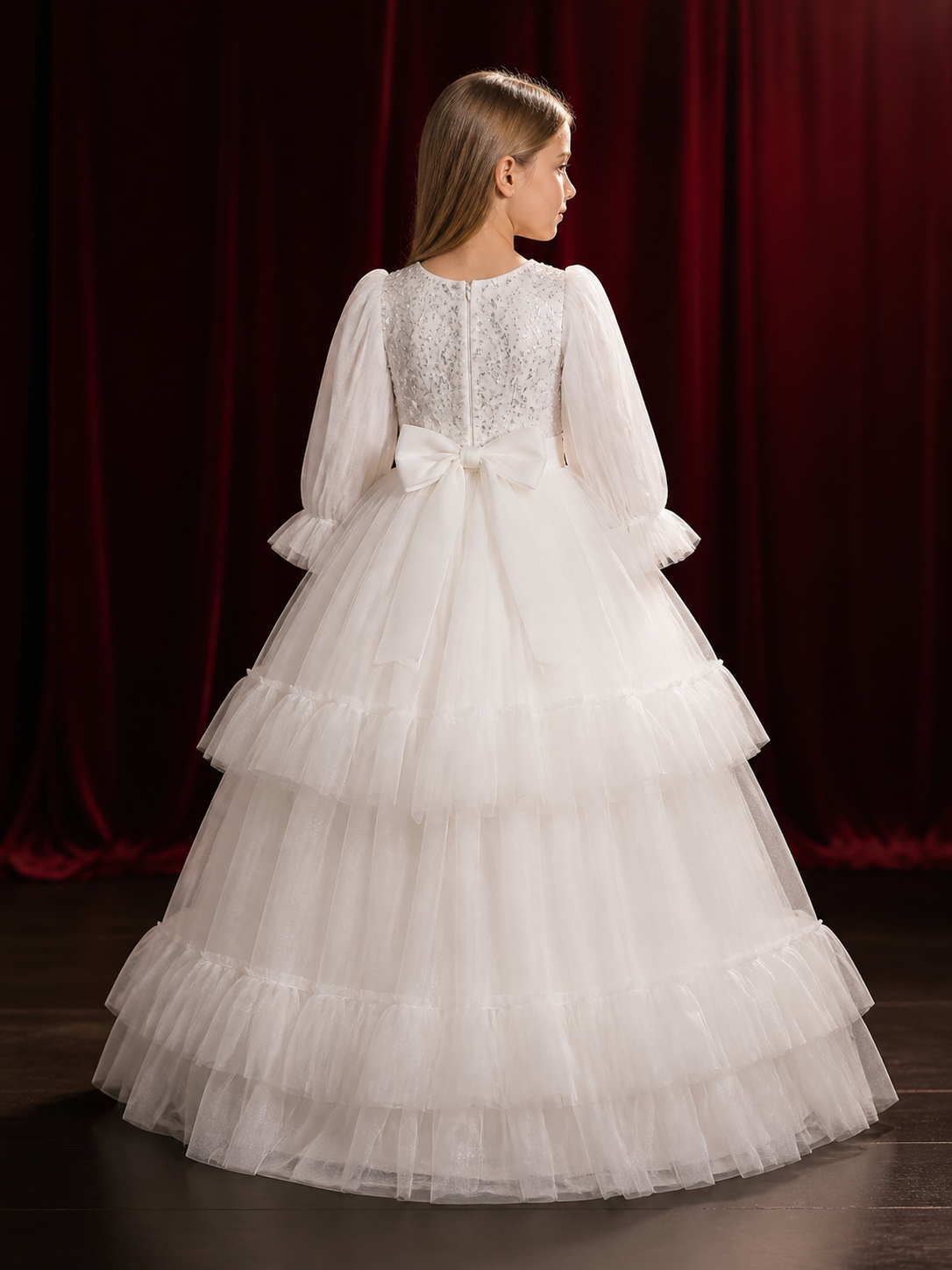 Girls' White Sequin Princess Dress with Layered Tulle Skirt, Long-Sleeve Flower back view