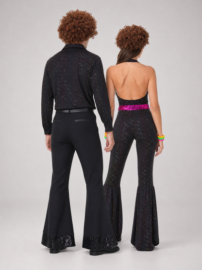 Sequin Disco Jumpsuit with Flares and Decorative Details