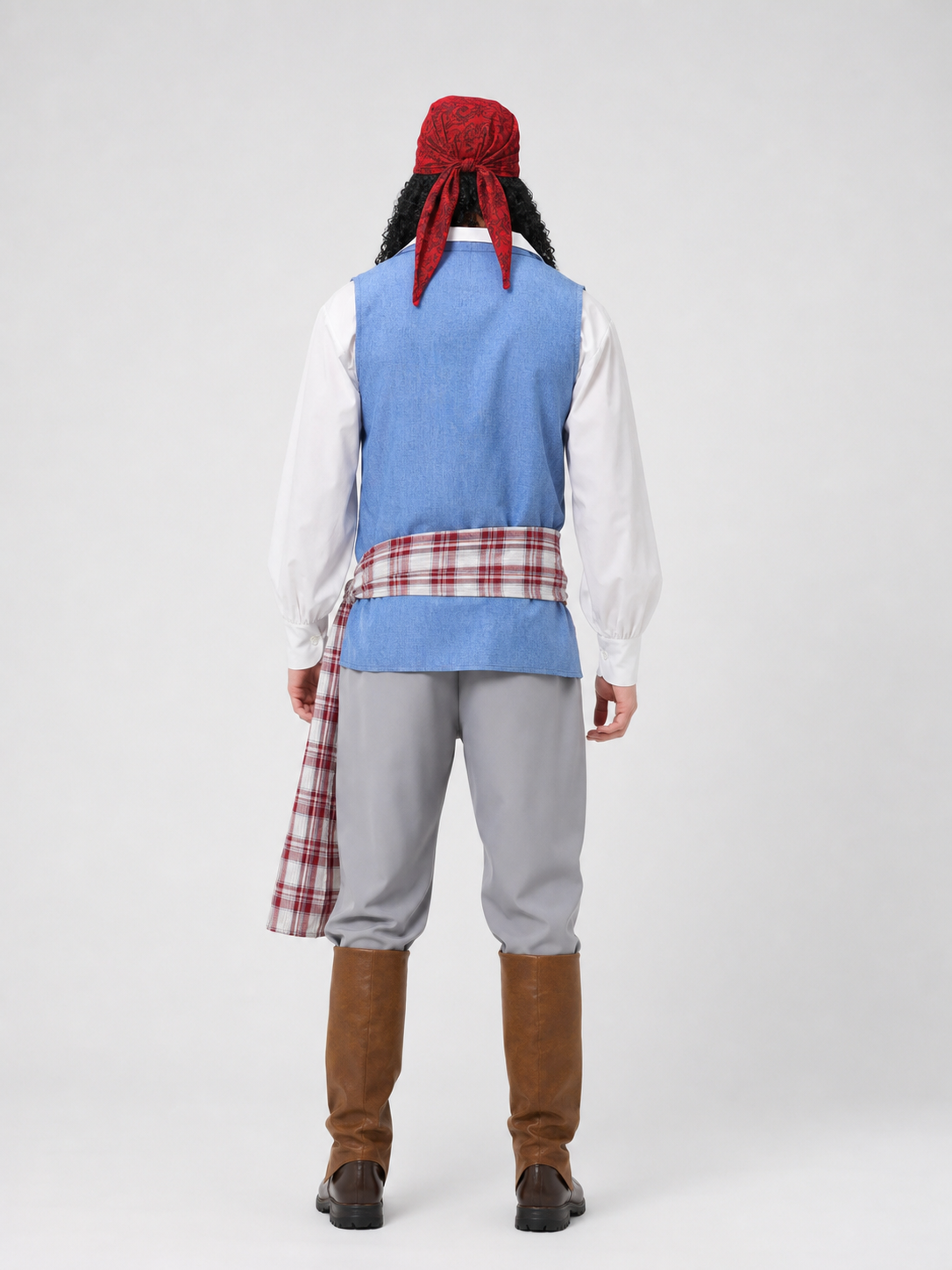 Pirate costume — a layered outfit with a medieval Caribbean theme for Halloween, themed parties, cosplay, and stage performances. The design combines brown, gray, white, red, blue, and black colors. The outfit is centered around a blue vest
