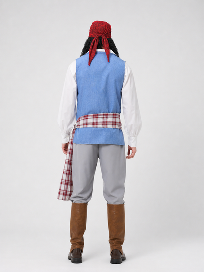 Pirate costume — a layered outfit with a medieval Caribbean theme for Halloween, themed parties, cosplay, and stage performances. The design combines brown, gray, white, red, blue, and black colors. The outfit is centered around a blue vest